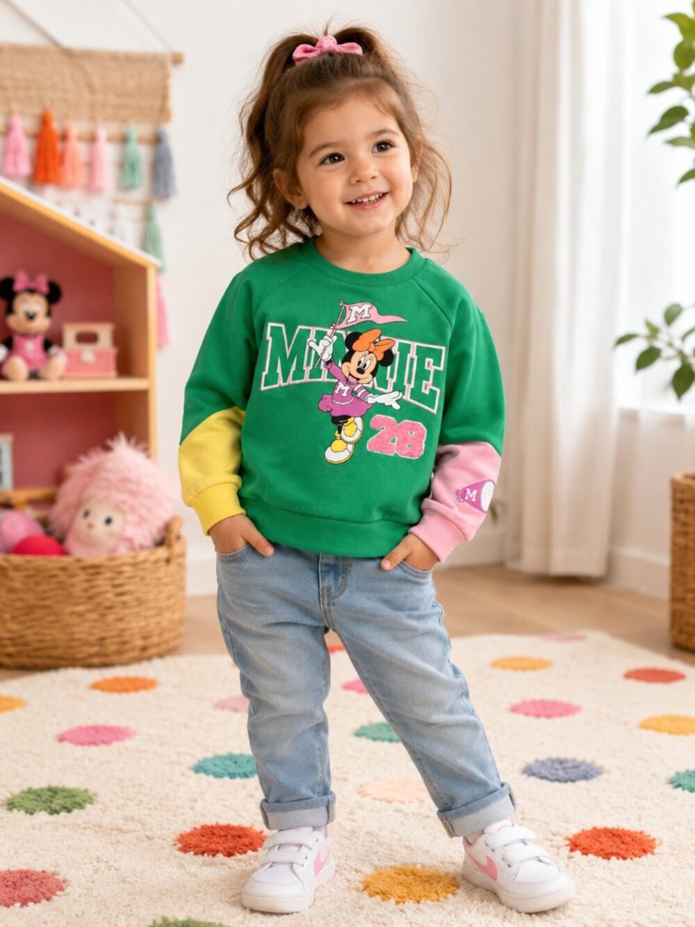 Disney Junior Minnie Mouse Cheerleader Colorblock Sweatshirt Girls Size 4T Green